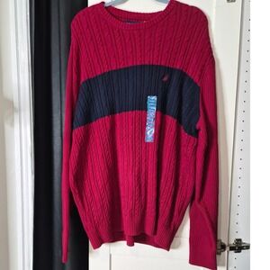 NWT Nautica XXL‎ Red Cable Knit Sweater Blue Stripe Long Sleeve